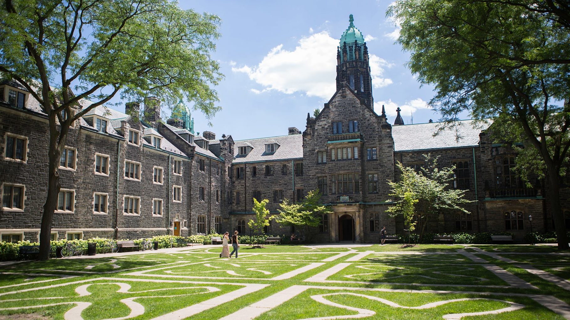 Students walking through the Trinity College Quadrangular