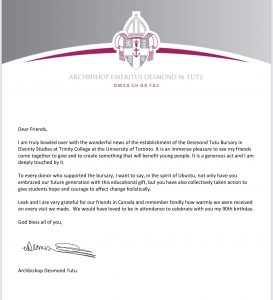 Letter from Archbishop Tutu