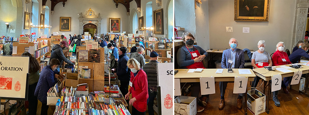 Opening day at the Trinity Book Sale 2022 - shoppers and volunteers in Seeley Hall
