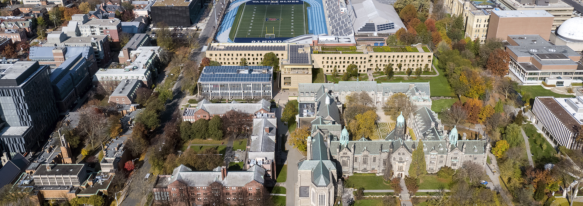 Aerial view of the Trinity campus with a rendering of the new Lawson Centre for Sustainability