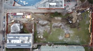 Construction site: aerial view of Trinity backfield, end of November, 2022