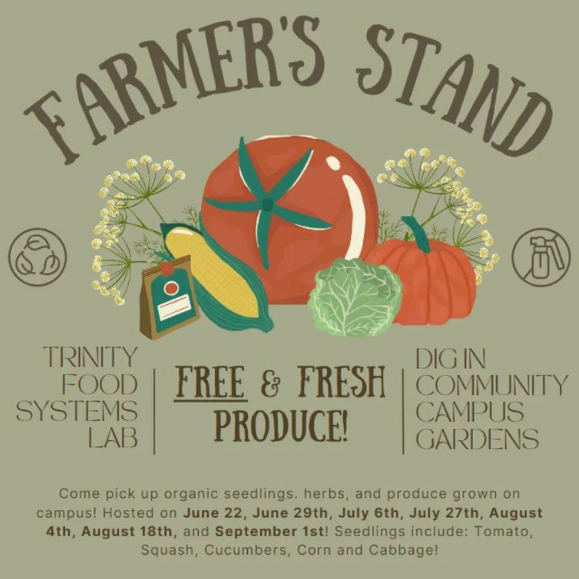 Trinity Food Systems Lab poster for Farmer's Stand, with illustration of garden produce