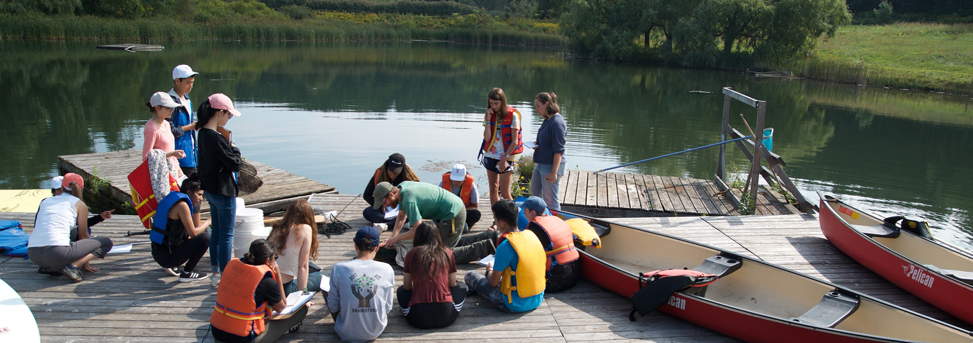 Trinity One students at the Koffler Centre - they are on the dock looking at invertebrates