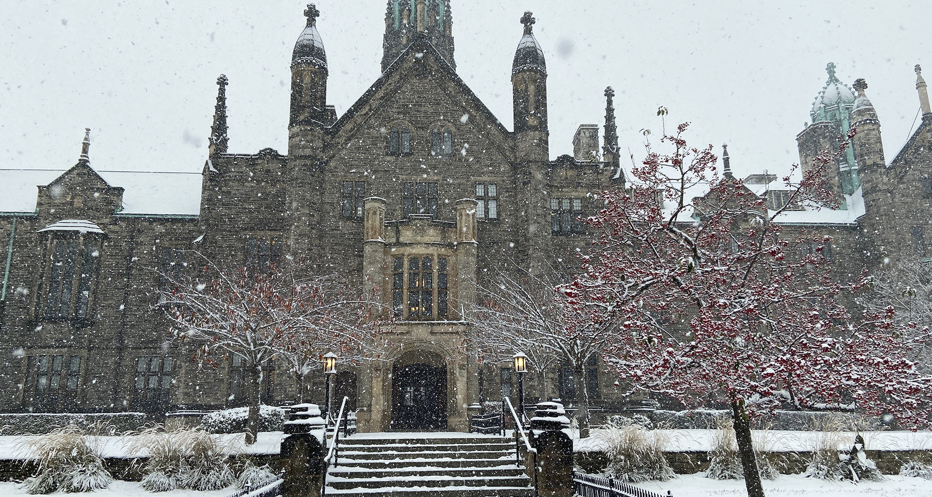 Front entrance of Trinity College during a winter storm