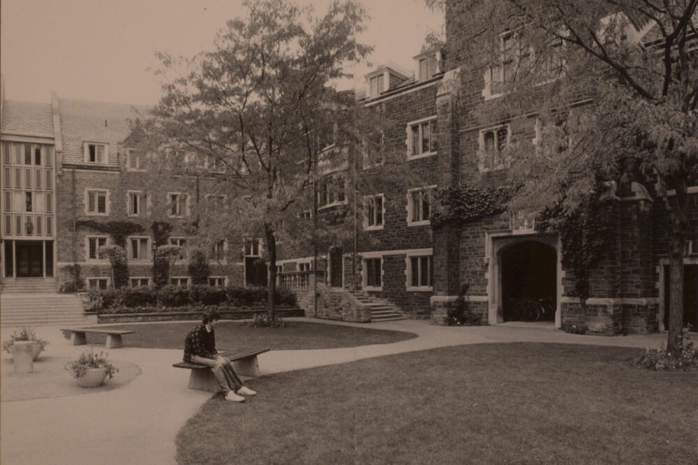 Sephia photo of the quad at Trinity College