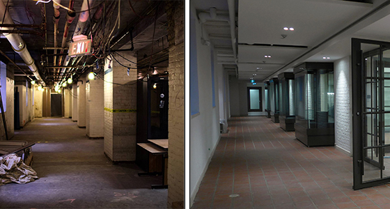 Before and after photo of the main hallway of the new Trinity College Archives