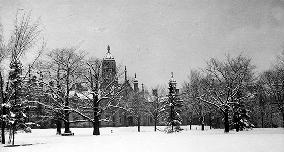 Original Trinity College site on Queen St. W. in the winter (circa 1900).